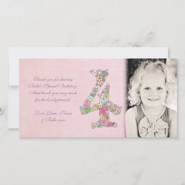 Girls 4th Birthday Floral Thank You Photo Card (Front)