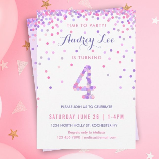 Girls 4th Birthday Fourth Birthday Confetti Party Invitation (Pink and purple confetti for your 4 year old's birthday party!)