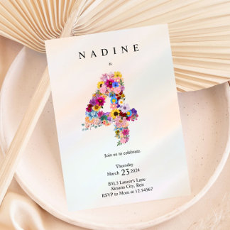 Girls 4th Birthday Fourth Birthday Floral Party  Invitation