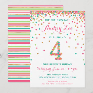 Girls 4th Birthday Invitation  birthday party