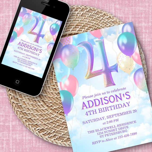 Girls 4th Birthday Rainbow Balloons Invitation (Creator Uploaded)