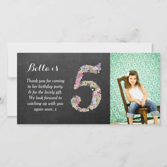 Girls 5th Birthday Floral Thank You Photo Card (Front)