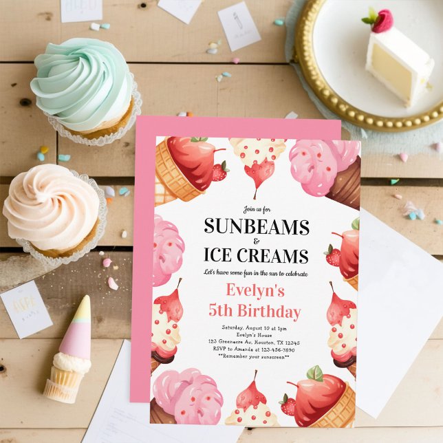 Girls 5th Birthday Sunbeams & Ice Creams Party Invitation (Creator Uploaded)
