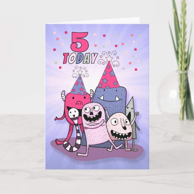 Girls 5th Pink and Purple Monster Birthday Card (Front)