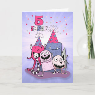 Girls 5th Pink and Purple Monster Birthday Card