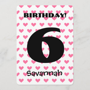 Girl's 6th Birthday Custom Name Modern W06 HEARTS Invitation