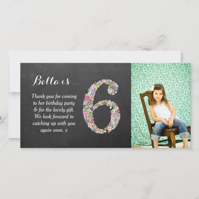 Girls 6th Birthday Floral Thank You Photo Card (Front)