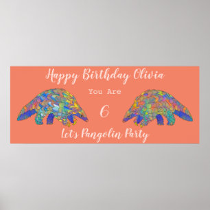 Girls 6th Birthday Party Colourful Pangolin Coral Poster
