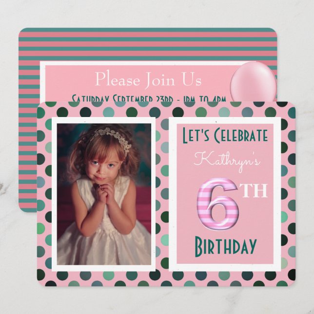 Girls 6th Birthday Party Invitation (Front/Back)