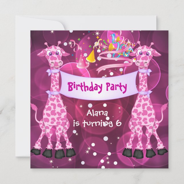 Girls 6th Birthday Party Pink Giraffe Kids Child Invitation (Front)