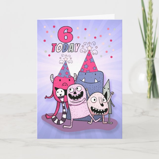Girls 6th Birthday Pink n Purple Cartoon Monsters Card (Front)