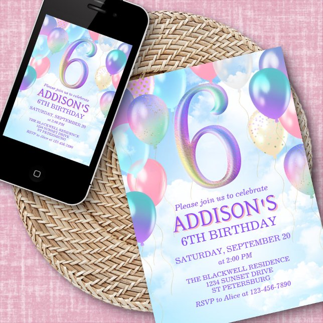 Girls 6th Birthday Rainbow Balloons Invitation (Creator Uploaded)