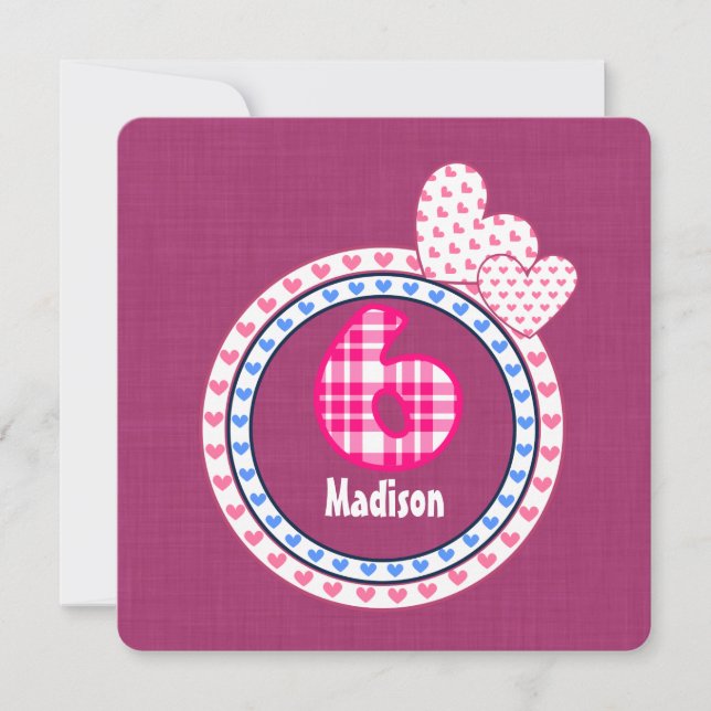 Girl's 6th Birthday Six Year Old Pink Blue 003 Invitation (Front)