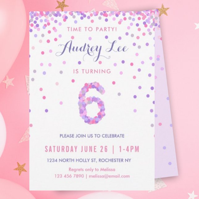 Girls 6th Birthday Sixth Birthday Confetti Party Invitation (Pink and purple confetti for your 6 year old's birthday party!)