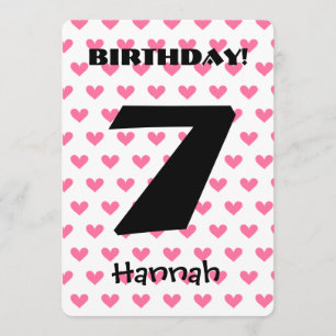 Girl's 7th Birthday Custom Name Modern W07 HEARTS Invitation
