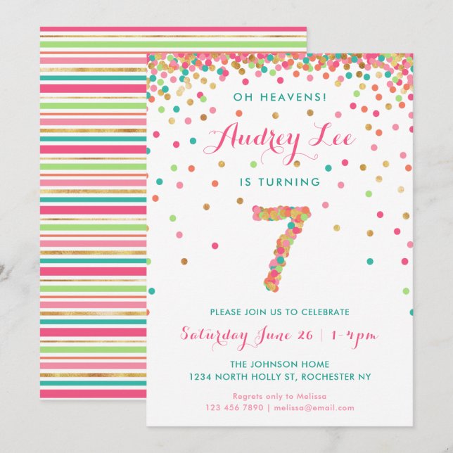 Girls 7th Birthday Invitation birthday party (Front/Back)