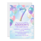 Girls 7th Birthday Rainbow Balloons Invitation