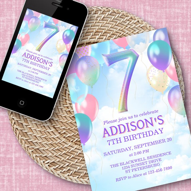 Girls 7th Birthday Rainbow Balloons Invitation (Creator Uploaded)