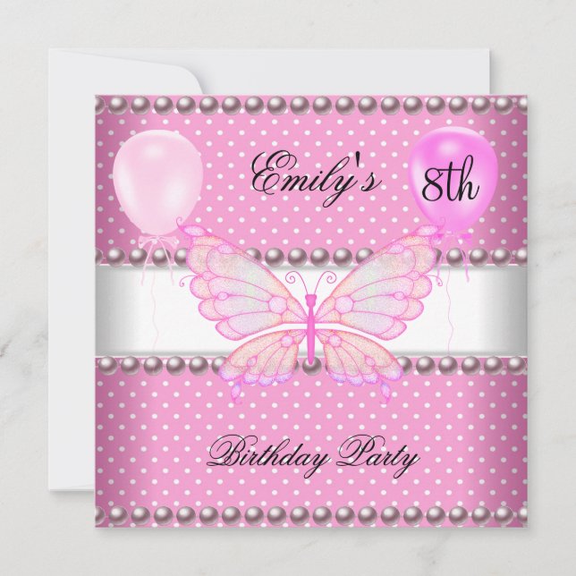 Girls 8th Birthday Butterfly Pink Pearls Balloons Invitation (Front)