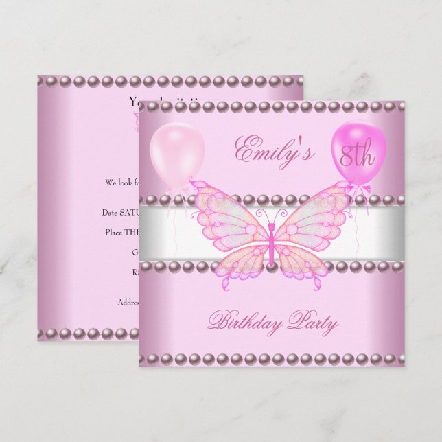 Girls 8th Birthday Butterfly Pink Pearls Balloons Invitation (Front/Back)
