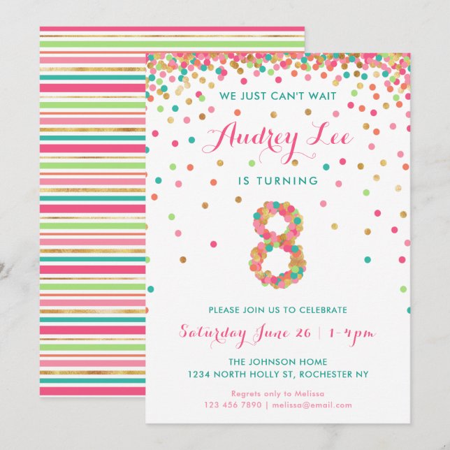 Girls 8th Birthday Invitation birthday party (Front/Back)