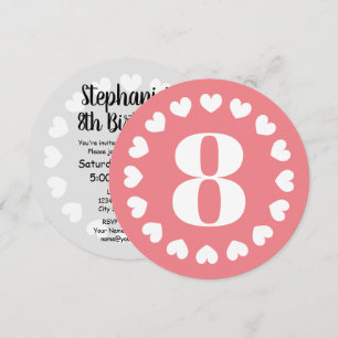Girl's 8th Birthday party coral pink round heart Invitation