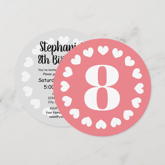 Girl's 8th Birthday party coral pink round heart Invitation (Front/Back)