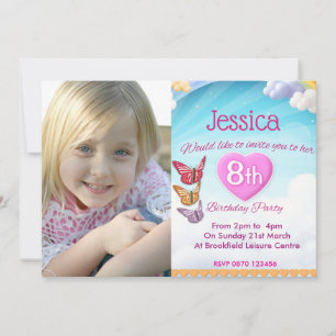 Girls 8th Birthday Party Photo Invites Butterflies