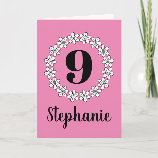 Girl's 9th Birthday floral greeting card for kids (Front)