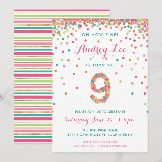 Girls 9th Birthday Invitation birthday party (Front/Back)