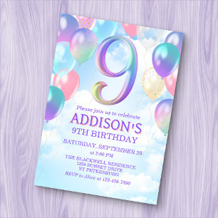 Girls 9th Birthday Rainbow Balloons Invitation