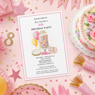 Girls Age 8 Floral Birthday Cake & Balloons Invitation