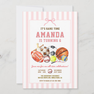 Girls All Star Sports Ball Games Birthday Party Invitation