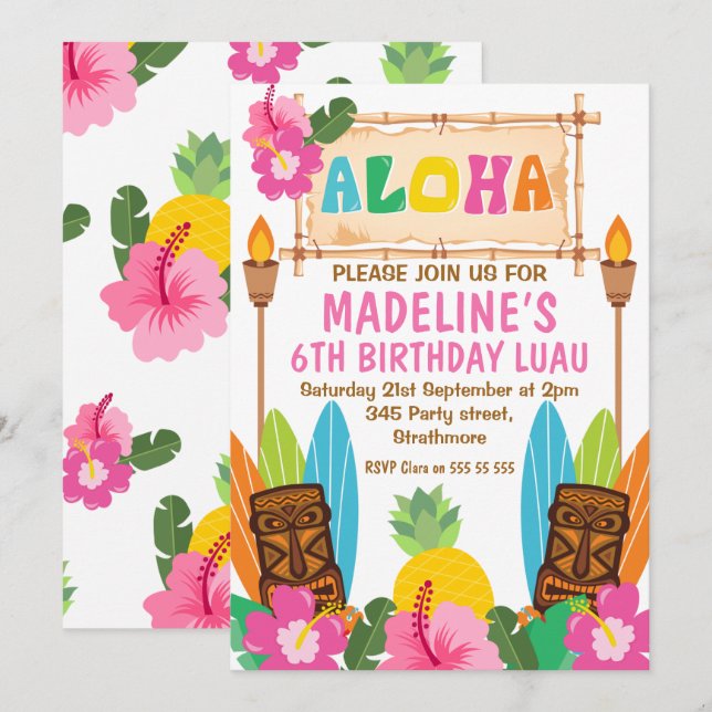 Girls Aloha Luau Birthday Invitation (Front/Back)