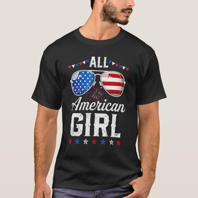 Girls American Flag Sunglasses 4th Of July Messy B T-Shirt (Front)