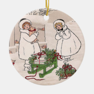 Girls and Pet Pigs Vintage Christmas Ceramic Tree Decoration