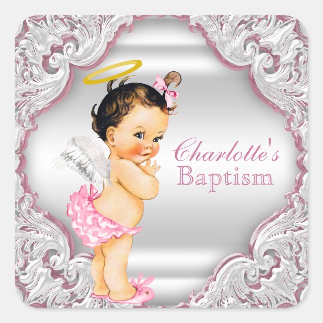 Girls Angel Baptism Christening Square Sticker (Front)