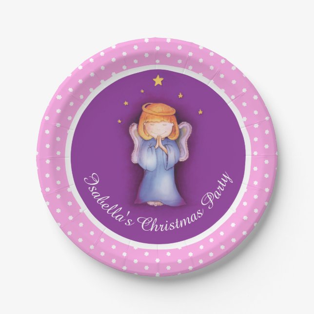 Girls angel personalised Christmas paper plate (Front)