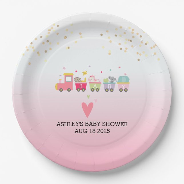  Girls Animal Train Book Theme Pink Paper Plate (Front)