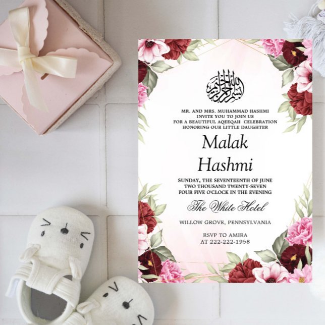 Girls Aqiqa Red Floral Baby Islamic Aqeeqah Invitation (Creator Uploaded)