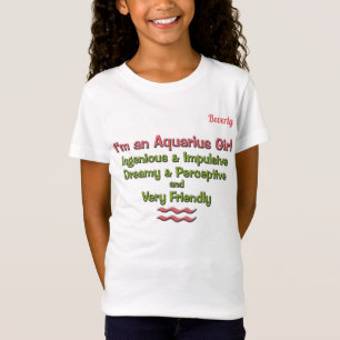 Girl's Aquarius Zodiac Pink and Green with Name T-Shirt