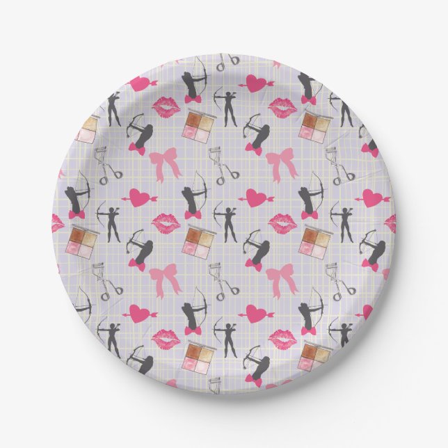 Girls Archery - Girly Hearts and Makeup Paper Plate (Front)