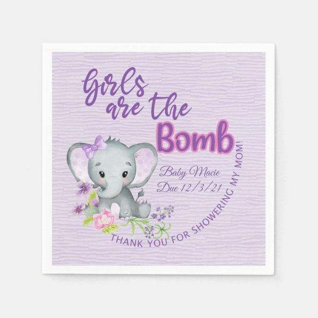 Girls are the BOMB Purple elephant baby shower  Napkin (Front)