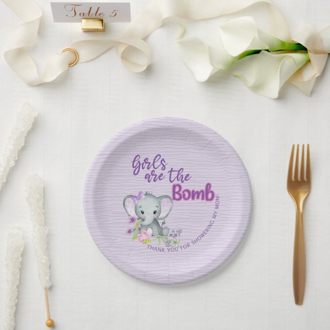Girls are the Bomb Purple elephant Paper Plate (Wedding)