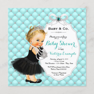 Girls Baby & Co Black Teal Blue Baby Shower Invitation