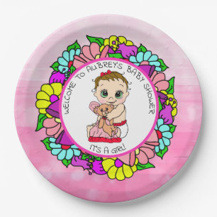 Girl's Baby Shower, Baby with Teddy Bear Paper Pla Paper Plate