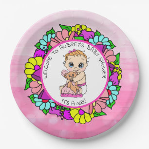 Girl's Baby Shower, Baby with Teddy Bear Paper Plate