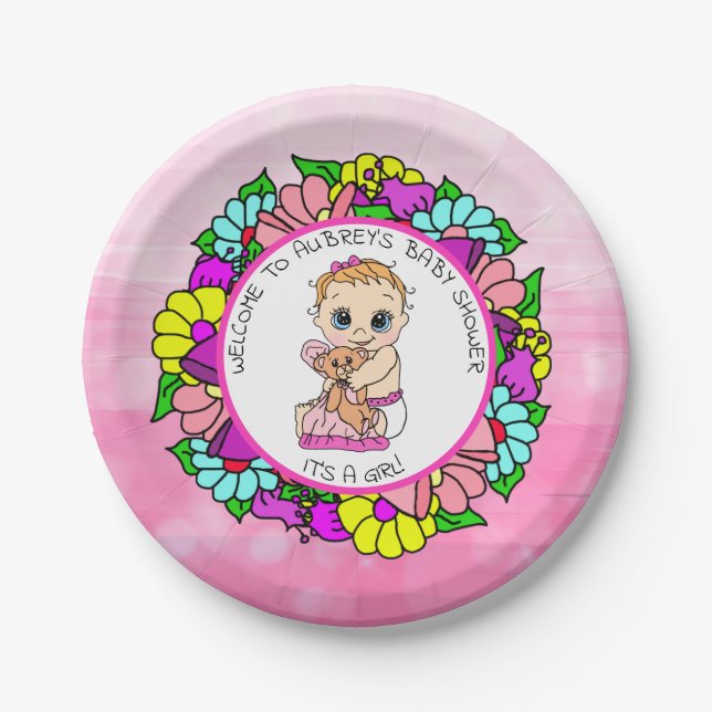Girl's Baby Shower, Baby with Teddy Bear Paper Plate (Front)