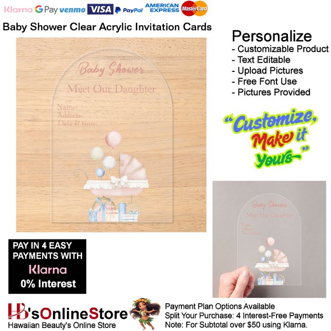 Girls Baby Shower Clear Acrylic Invitation Card 23 (Girl's Baby Shower Birth Party Supplies Celebrate Clear Acrylic Invitations 23.)