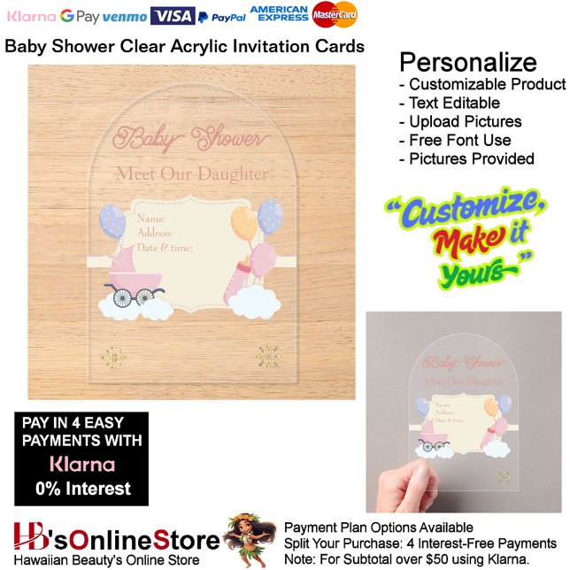 Girls Baby Shower Clear Acrylic Invitation Card 24 (Girl's Baby Shower Birth Party Supplies Celebrate Clear Acrylic Invitations 24.)